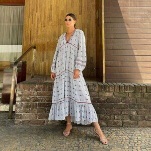 Zara Striped Embroidered Tiered Maxi Dress